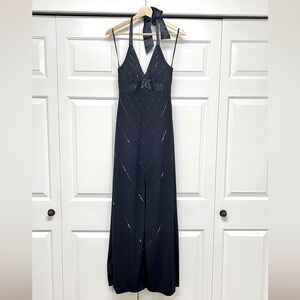 Black halter formal dress with beads and slit
